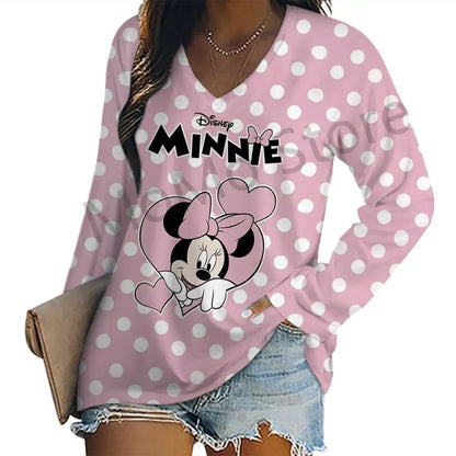 Women's Long Sleeve T-shirts Kawaii V-Neck S-3XL Mickey Lovely Disney High Quality 3D Print New Youthful Woman Clothes Minnie.