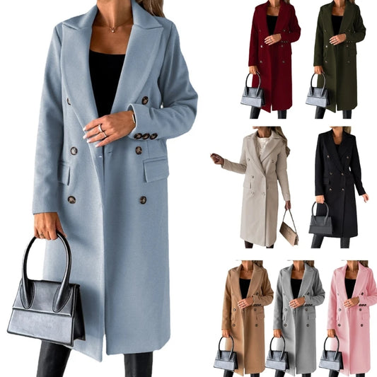 Damen-Mantel aus Wollmischung, langärmelig, zweireihig, Jacken, Mantel mit Tasche, warmer Winter-Trenchcoat, Oberbekleidung.