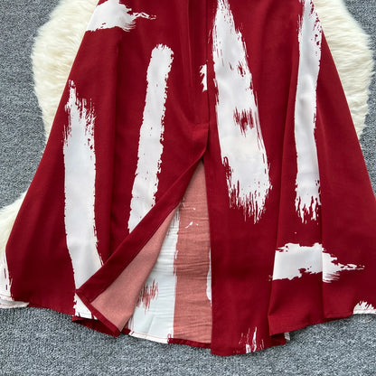 Neue Sommer Druck Süße Kleid Träger O Neck Backless Split Elegante Damen Urlaub Strand Party Midi Sommerkleid