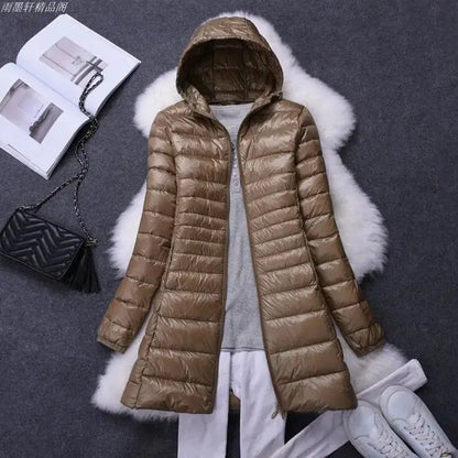 Damenmode, weiße Enten-Wodn-Pufferjacken mit Kapuze, 2025, Neuheiten, weiblich, X-lang, leicht, verstaubar, Daunenmäntel.