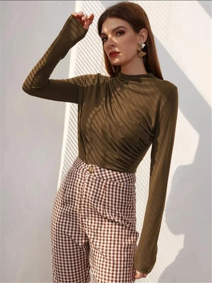 Autumn Winter Warm Fashion Pleated T-Shirt Women Solid Color Stand-up Collar Slim Tops Female Daily Casual Trend Streetwear Tees.