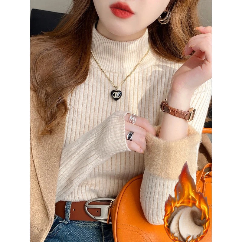 Women's Turtleneck Sweater Winter 2025 Retro with Velvet Lining Thickened Inner Wear Thermal Knitting Bottoming Shirt Pullovers.