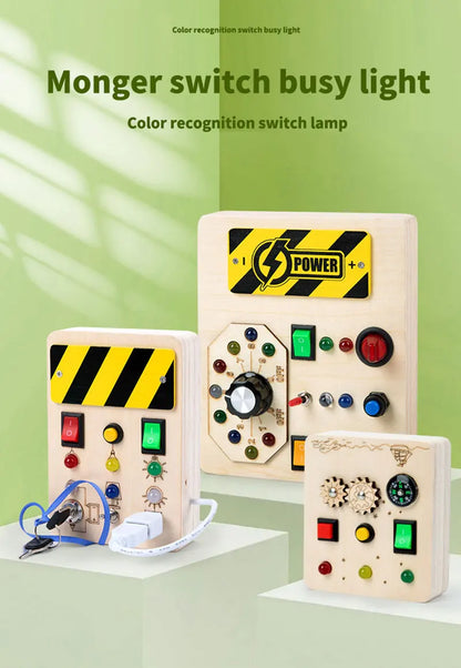Montessori Busy Board Sensory Toys Wooden With LED Light Switch Control Board Travel Activities Children Games For 2-4 Years Old