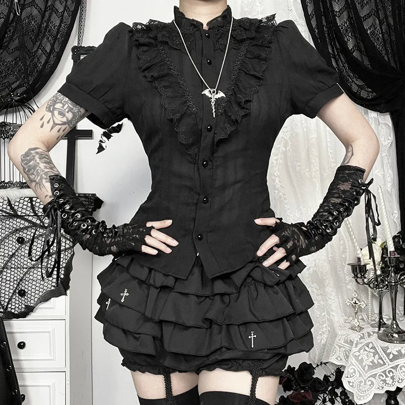 Sweet Lolita Cotton Shirts Women Vintage Gothic Black White Jacquard Short Sleeve Blouses Elegant Office Lady Y2k Tops.