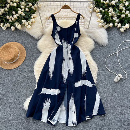 Neue Sommer Druck Süße Kleid Träger O Neck Backless Split Elegante Damen Urlaub Strand Party Midi Sommerkleid