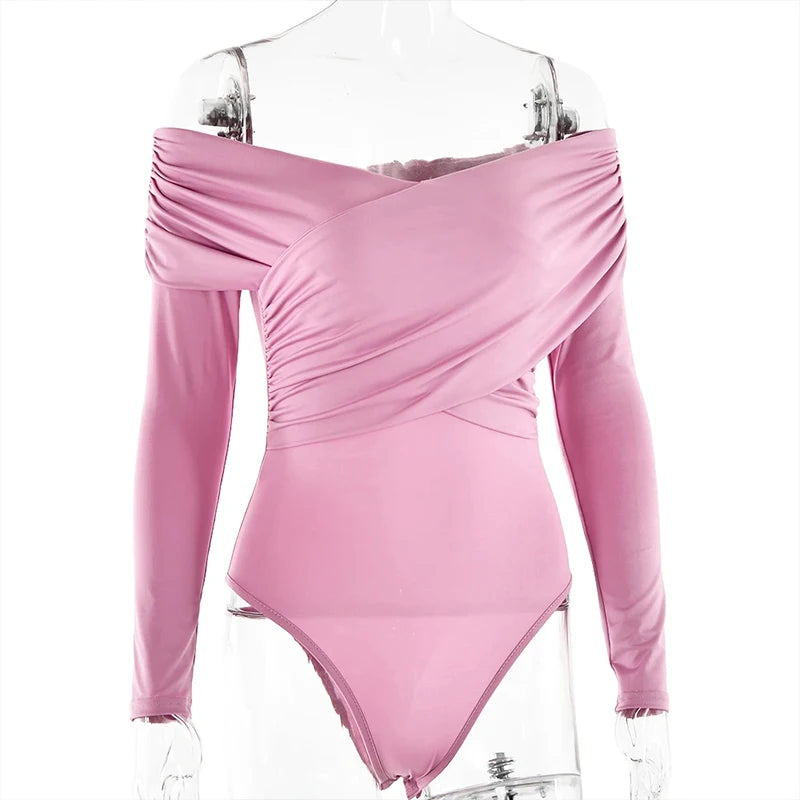 Y2K Women Sexy Off Shoulder Bodysuit Solid Color Long Sleeve Skinny Romper Crossed Folds Fashion Streetwear Autumn