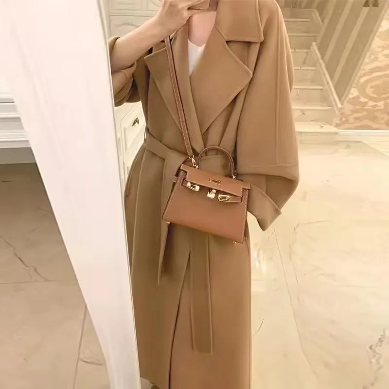 Mode Schwarz Lange Woolen Mantel Mit Gürtel Frauen Lose Revers Mantel Herbst Winter Warme Dame Oberbekleidung High Street.