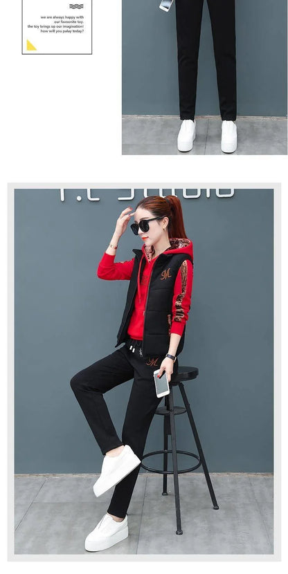 Women's Fashion Plush Thickened Sweat Suit 2025 Autumn Winter New Casual Hooded Tops Waistcoat Pants 3 Three Piece Set For Women.