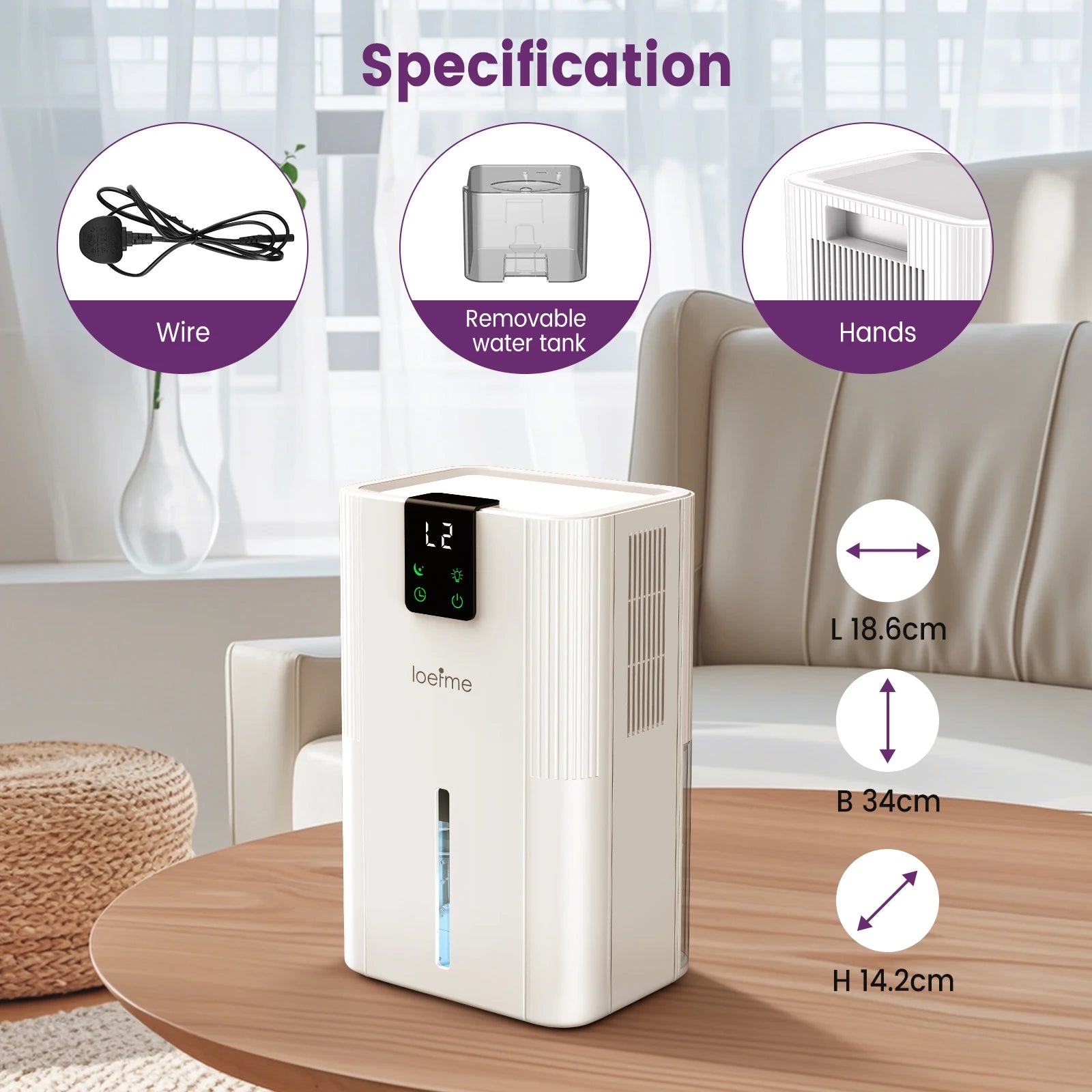 LOEFME 2800mL Air Dehumidifier 650ml/Day Silent Dryer Moisture Eliminator with Touch Display For Home Basement Bathroom Wardrobe.
