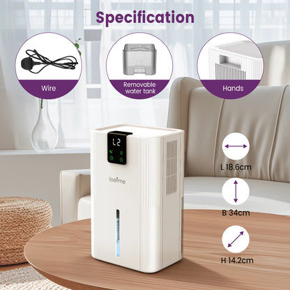 LOEFME 2800mL Air Dehumidifier 650ml/Day Silent Dryer Moisture Eliminator with Touch Display For Home Basement Bathroom Wardrobe.