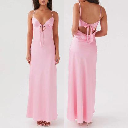 Combhasaki Damen-Kleid, elegant, einfarbig, verstellbar, dünn, Schultergurte, Ausschnitt, zum Binden vorne, rückenfrei, Sommer, langes Cami, seidiges Kleid.