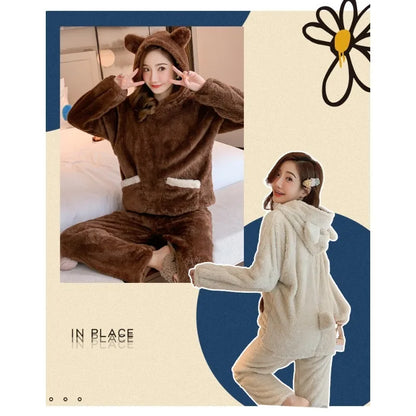 Verdickte warme Flanell Herbst und Winter Frauen Cartoon Plüsch mit Kapuze Bär Nachtwäsche Loungewear zweiteilige solide Nachtwäsche Homewe.