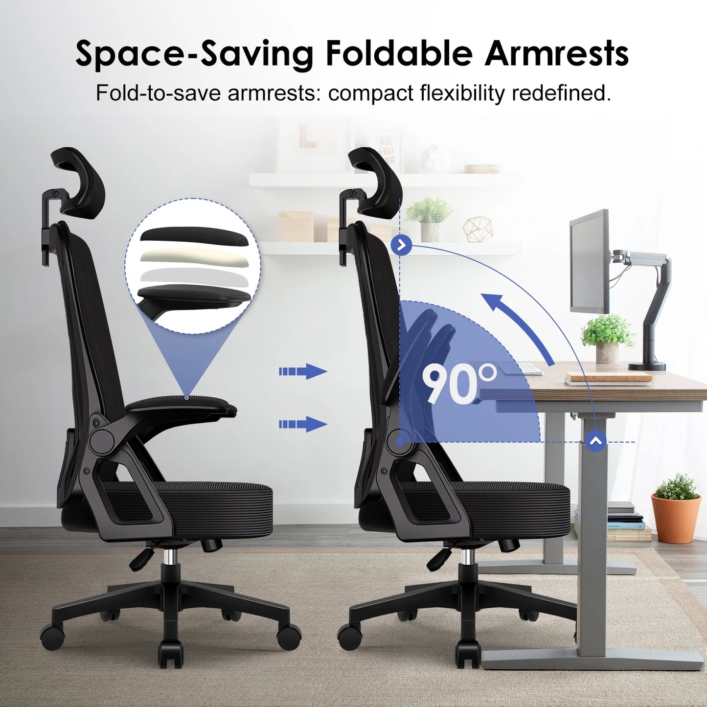 AUTHMIC Ergonomischer Bürostuhl – faltbare Armlehnen, verstellbare Rückenlehne, verstellbare Kopfstütze, verstellbare Lendenwirbelsäule, maximale Belastung 150 kg,