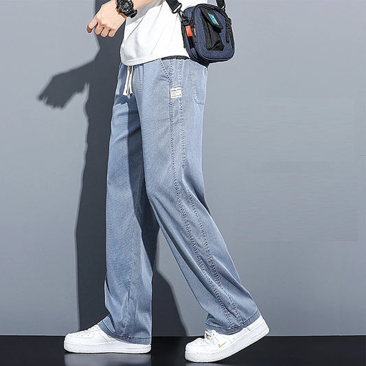 2024 Spring/Summer New Soft Lyocell Fabric Men's Jeans Thin Loose Straight Leg PantsDrawstring Elastic Waist Korean casual pants.