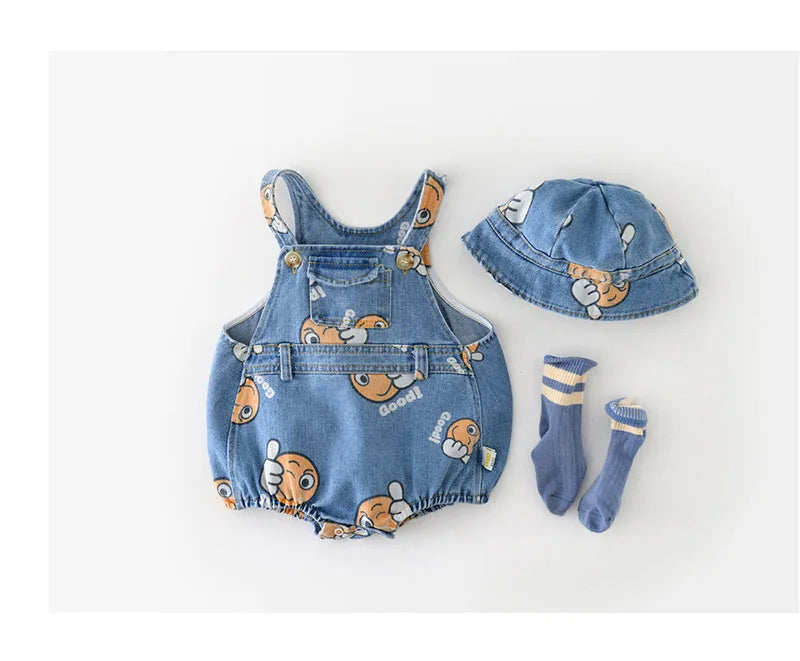 2 Stück Sommer Kinder Baby Denim Bodysuit und Mützen Anzüge einteilige Unisex Kleinkind Jungen Mädchen weiche Jeans Kleidung Jeans Sprung anzüge.
