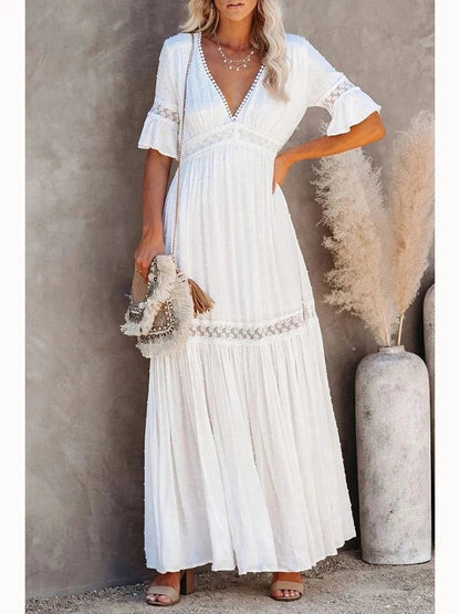 Fitshinling Spitze Spleiß Maxi Party Kleider Frauen tiefen V-Ausschnitt sexy lange Pareo weibliche Flare Ärmel weißes Kleid Tanz tragen Kostüm.