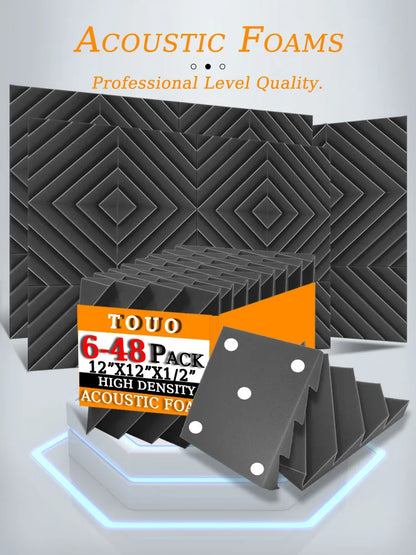 TOUO Acoustic Foam 6/12/12/48 Pcs Offices Acoustic Treatment Flame-Retardant High-Density Diamond Groove Soundproof Foam Panels