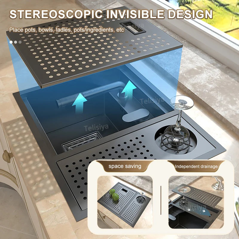 Versteckte Waschbecken aus Edelstahl, Küchenspüle, Bar, kleiner Einzelschlitz mit Deckel, Waschbecken, Balkon, Garten, Wohnmobil