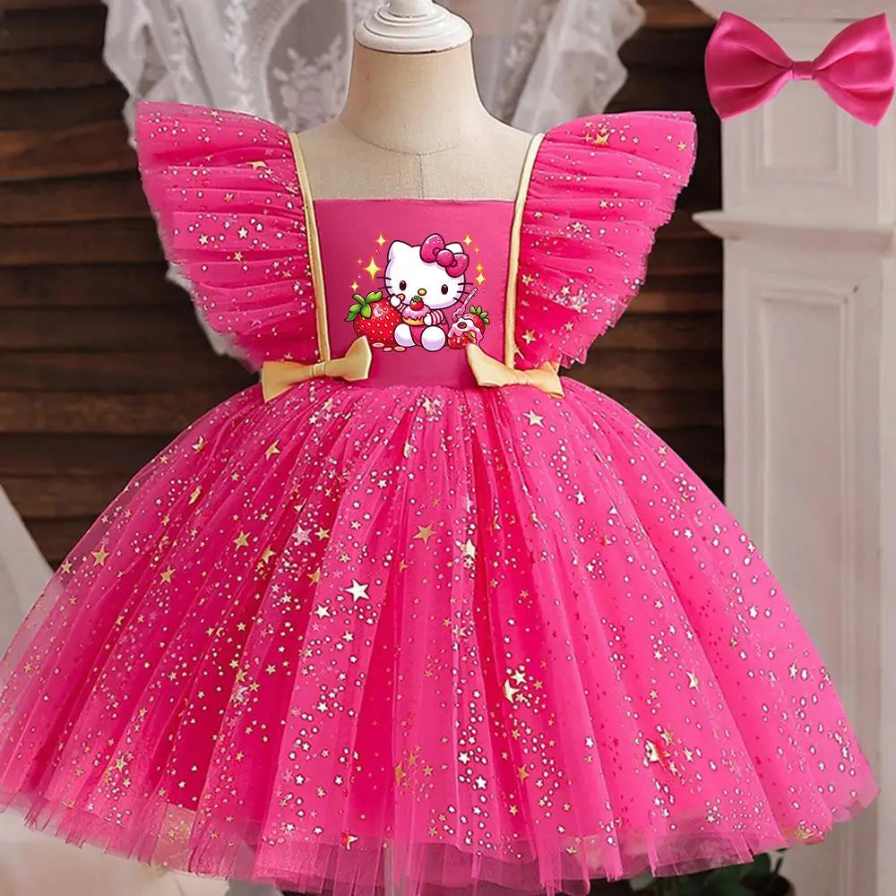 Hello Kitty Prinzessinnenkleid für Mädchen, Pailletten, Stern, Rüschen, Schleife, Tutu-Kleid, Baby, formelles Gala-Abschlussballkleid, Kinder-Abendparty-Kostüm.