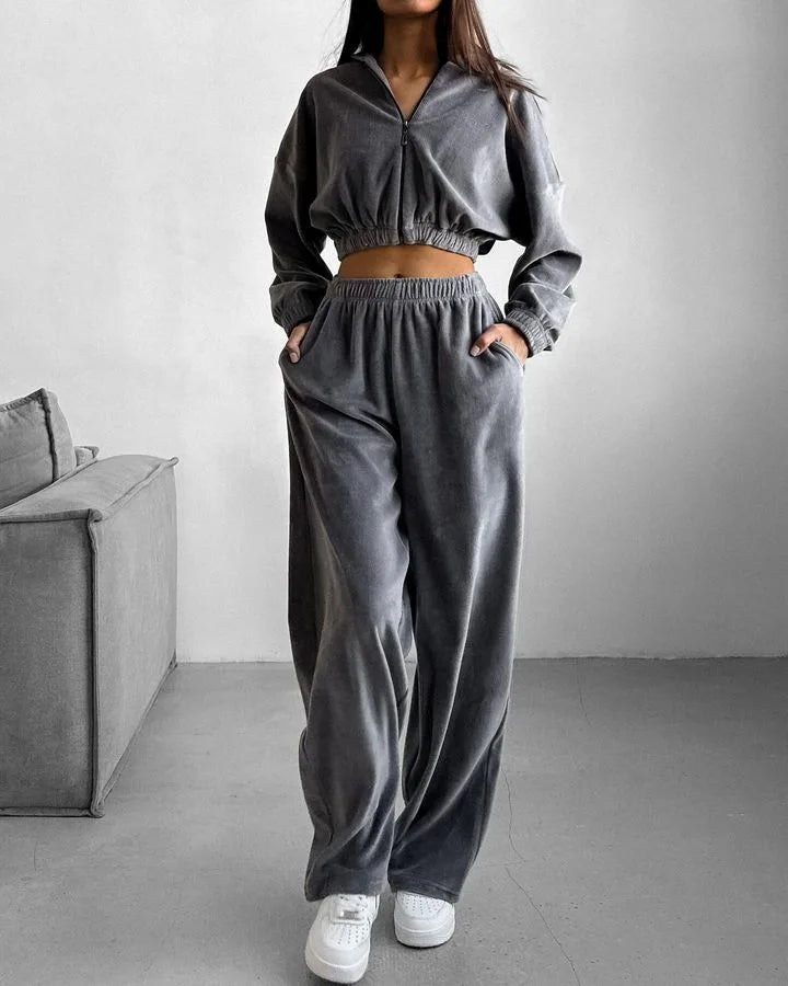 Fall Winter Women's Fashion Hooded Stand Collar Sweatshirt Set Casual Loose Fit Two Piece Streetwear Lounge Gym Ourdoor Outfit.