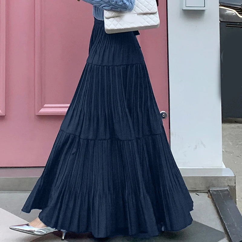 2025 ZANZEA Oversized Summer Maxi Skirts Women Elastic Waist Pleated Long Skirt Casual Solid Color High Waist Ruffled Skirts.