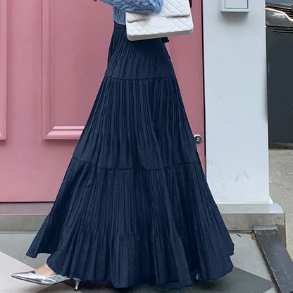 2025 ZANZEA Oversized Summer Maxi Skirts Women Elastic Waist Pleated Long Skirt Casual Solid Color High Waist Ruffled Skirts.
