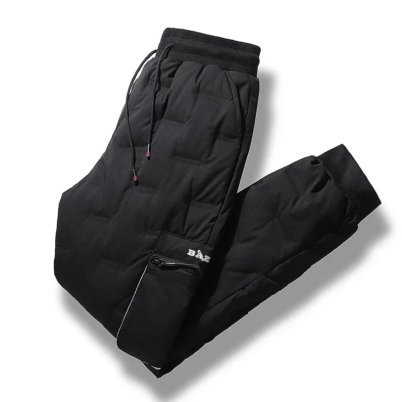 Men's Winter Pants Duck Down Padded Pants Thick Warm Black Loose Jogger Windproof High Waist Elastic Thermal Down Trouser Male.