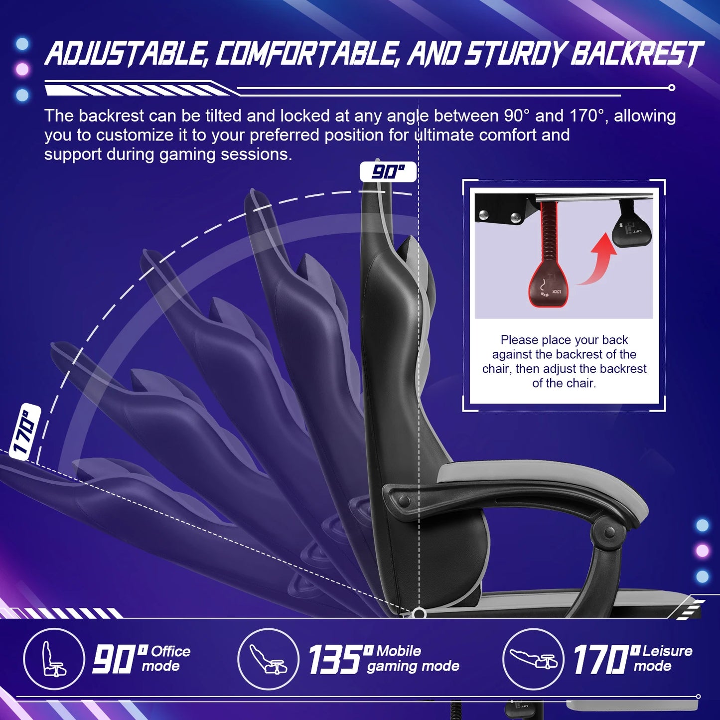 AUTHMIC Ergonomischer Gaming-Stuhl mit 170er °   Liegende Rückenlehne, faltbare Fußstütze, weiche Armlehnen, 150 kg, atmungsaktives Material