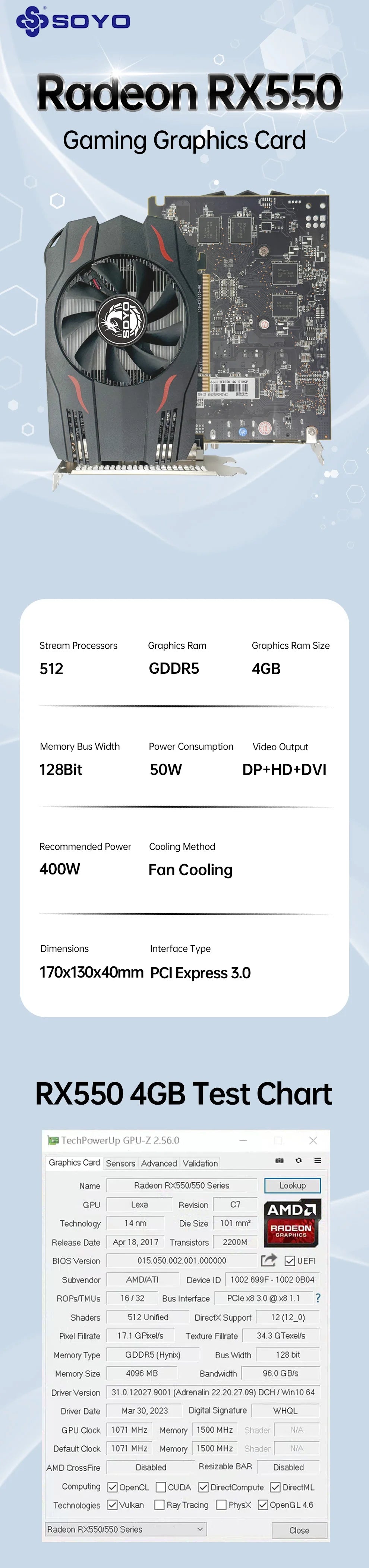 SOYO AMD Radeon RX550 4GB GPU GDDR5 14nm For Desktop PC Games Video RX560 Graphics Card 128bit  RX 550 Computer Components.