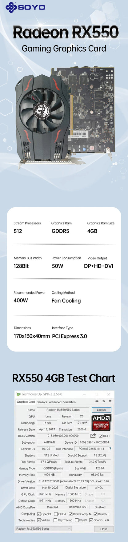 SOYO AMD Radeon RX550 4GB GPU GDDR5 14nm For Desktop PC Games Video RX560 Graphics Card 128bit  RX 550 Computer Components.