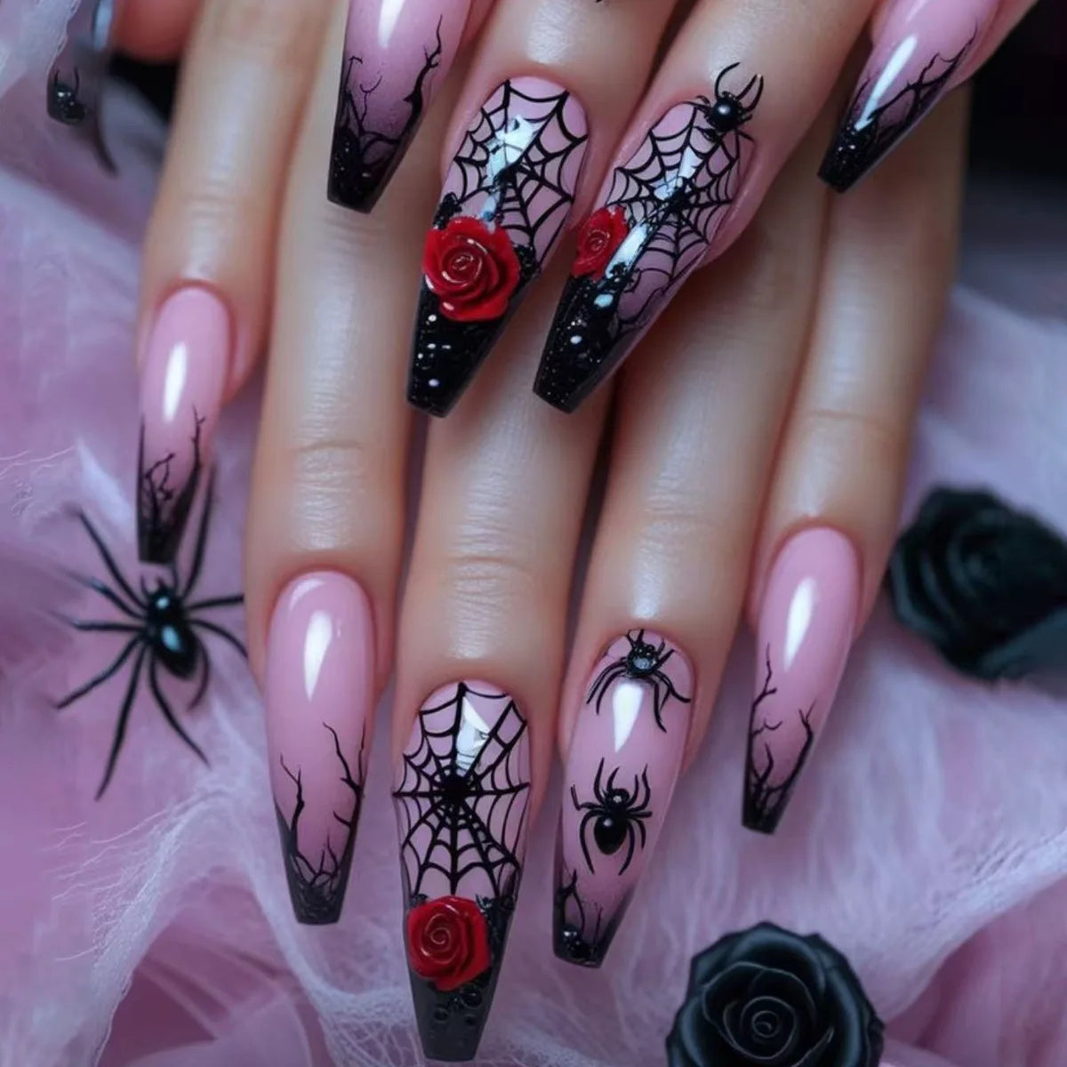 24pcs Sliver Spider Design Fake Nail Halloween Gothic Punk False Nail Tips Wearable European Heavy Metal Almond Press on Nails