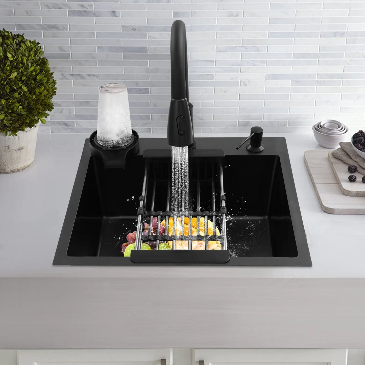 Multifunktionales Küchenspüle mit ausziehbarem Wasserhahn, Tassenspüler, Seifenspender, Abflusskorb, Anti-Überlauf, 201 Edelstahl