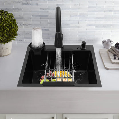 Multifunktionales Küchenspüle mit ausziehbarem Wasserhahn, Tassenspüler, Seifenspender, Abflusskorb, Anti-Überlauf, 201 Edelstahl