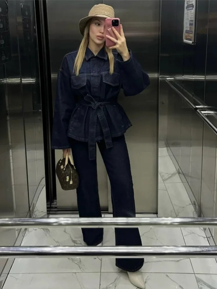 Retro Classic Denim Jacket Pants 2pcs Set Strap Coat Women Straight Leg Pants Autumn Stylish Women's Casual Suit