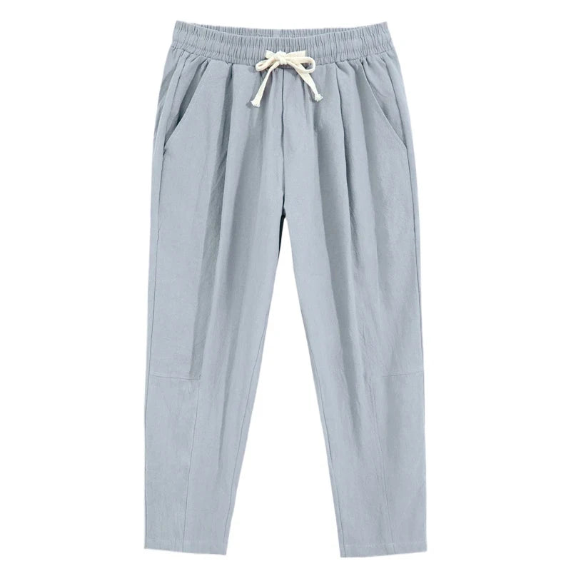 Mens Lightweight Cotton Pants Casual Solid Color Sweatpants Straight Drawstring Baggy Streetwear Breathable Ninth Pants.