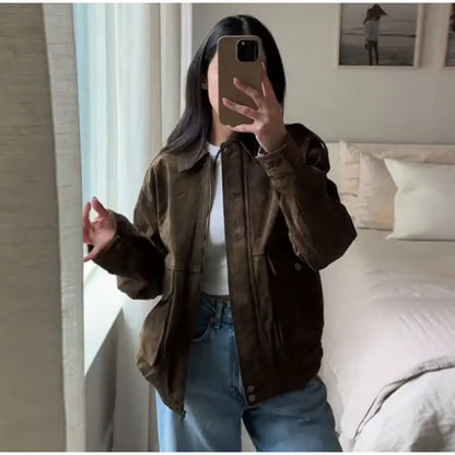 Retro-Jacke, modisch, Frühling und Herbst, lässig, lockere Tasche, langärmelig, trendig, cool, vielseitig, hochwertige Damen-Kurzjacke