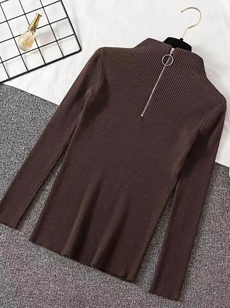 Frauen Fashion Solid Strick Pullover Vintage Langarm Zip-up Grundlegende Hälfte Rollkragenpullover Weibliche Pullover Chic Casual Tops