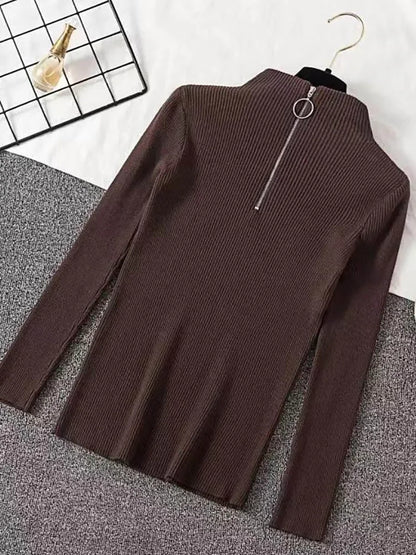 Frauen Fashion Solid Strick Pullover Vintage Langarm Zip-up Grundlegende Hälfte Rollkragenpullover Weibliche Pullover Chic Casual Tops