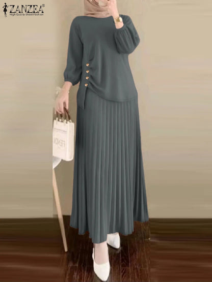 Fashion Muslim Sets Women 2PCS Outfits ZANZEA Elegant Long Sleeve Blouse Dress Suits Casual Solid Tracksuits Loose Matching Sets.