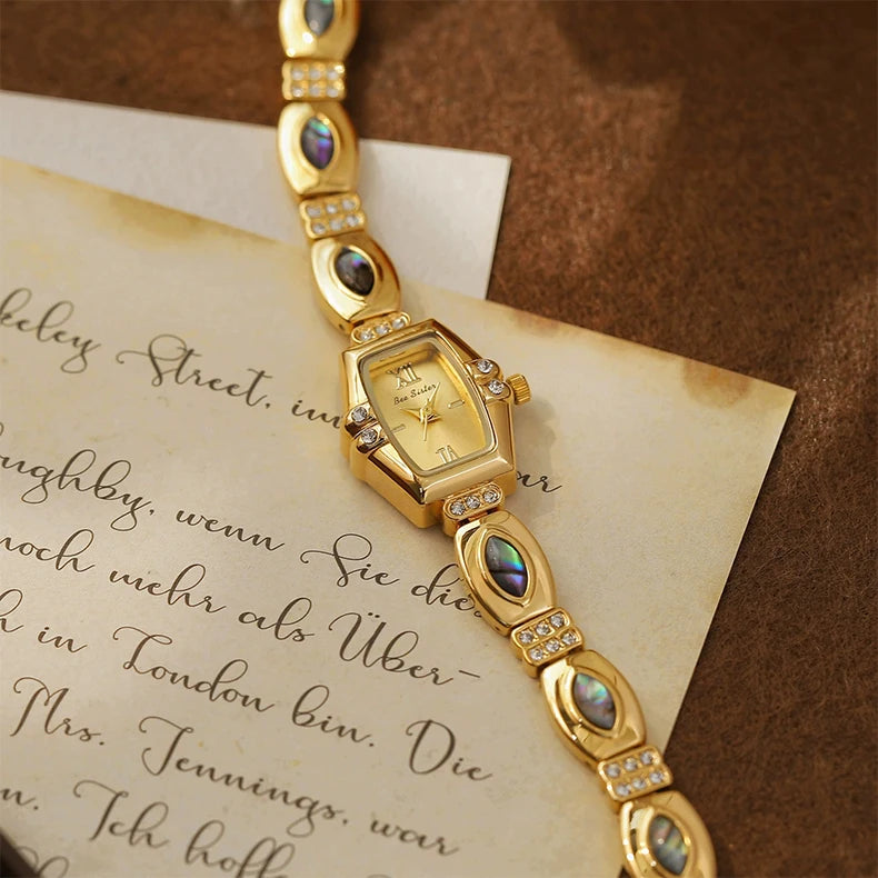 BS New Natural Black Gold Abalone Shell French Vintage Design Watch Woman Elegant Luxury Tonneau Dial Quartz Women's Watches.