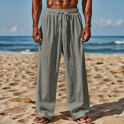 Men's Linen Casual Pants Elastic Waist Beach Pants Lightweight Drawstring Summer Yoga Pants Solid Color Beach Pants.