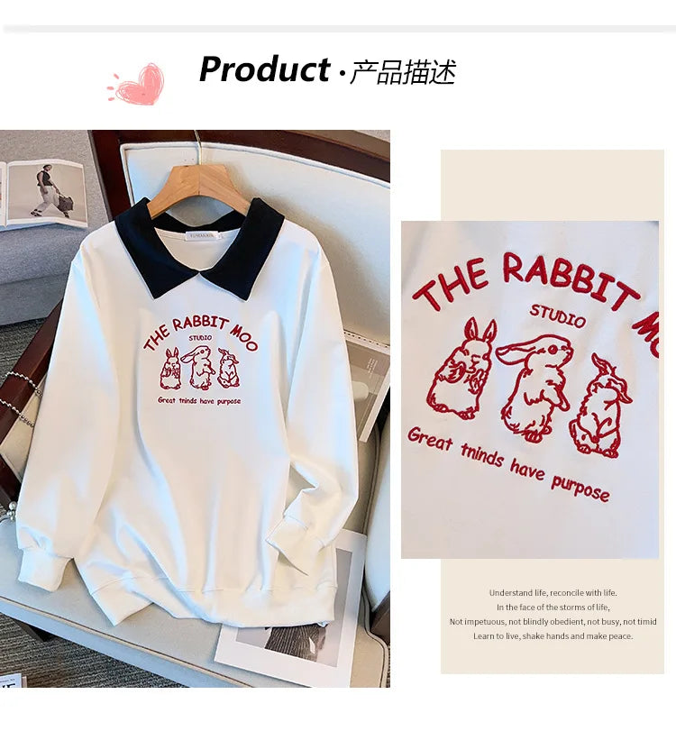 175kg plus size Damen büste Frühling Herbst loser Polo kragen Kaninchen besticktes Sweatshirt schwarz weiß 5xl 6xl 7xl 8xl 9xl.