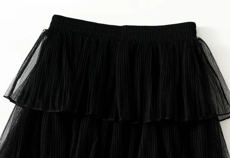 Beiyingni Woman Mesh Long Midi Cake Skirt Solid Color Elegant French Tiered Fairy Tulle Skirts Khaki Casual High Waist Faldas.