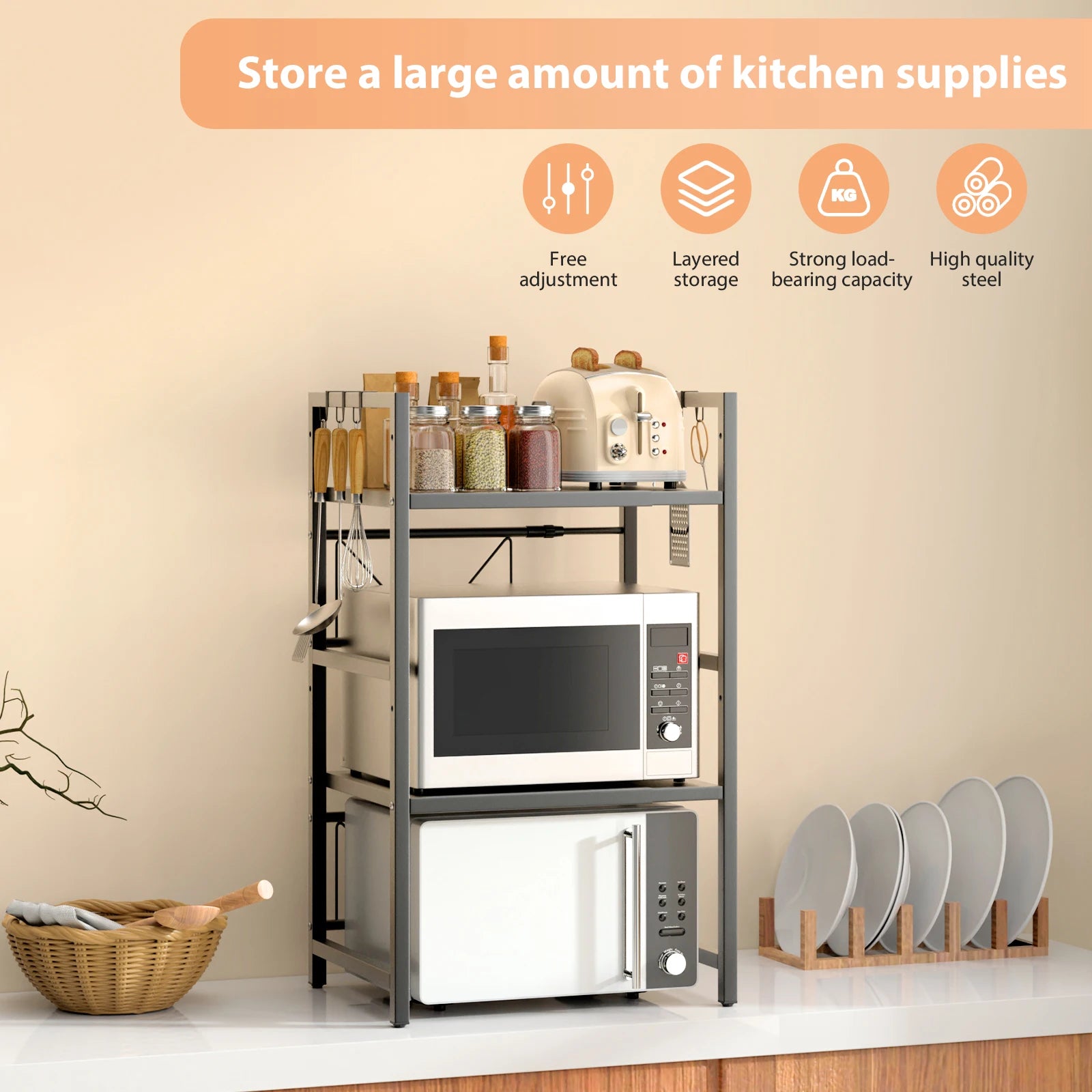 Kitchen Storage Rack Metal Condiment Organizer Shelf Expandable Microwave Shelf Height Adjustable.