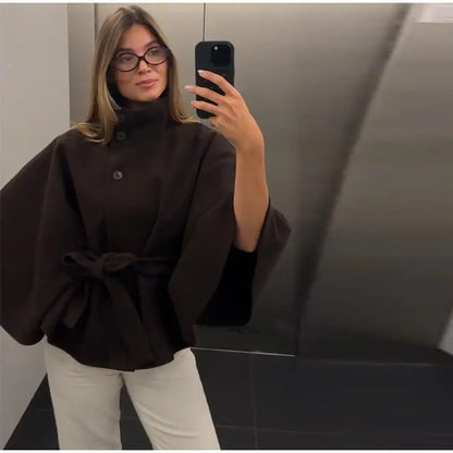 Damenmantel, kurze Cape-Mäntel für Damen, Gürtel, Mäntel aus Kunstwolle und Mischungen, Herbst-Winter, feste Mäntel, elegante Umhangjacke für Damen.