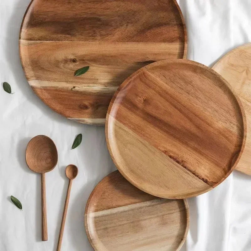 15/20/25cm Wooden Round Serving Platter Tray Retro Wood Pizza Salad Plate Fruit Dessert Tray Bread Cake Container Snacks Dish.