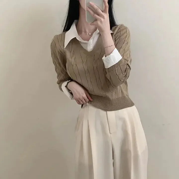 Mode Winter Gestrickte Pullover Frauen Casual V-ausschnitt Pullover Alle-spiel Weibliche Kleidung Lose Gefälschte Zwei Artikel Kurze Tops Jumper.