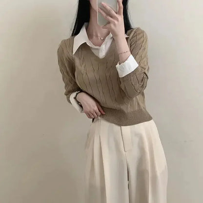 Mode Winter Gestrickte Pullover Frauen Casual V-ausschnitt Pullover Alle-spiel Weibliche Kleidung Lose Gefälschte Zwei Artikel Kurze Tops Jumper.