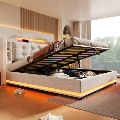 140*200cm Polsterbett mit LED-Lichtleiste und mehreren Ablagefächern, für Schlafzimmerwäsche, Beige (ohne Matratze)