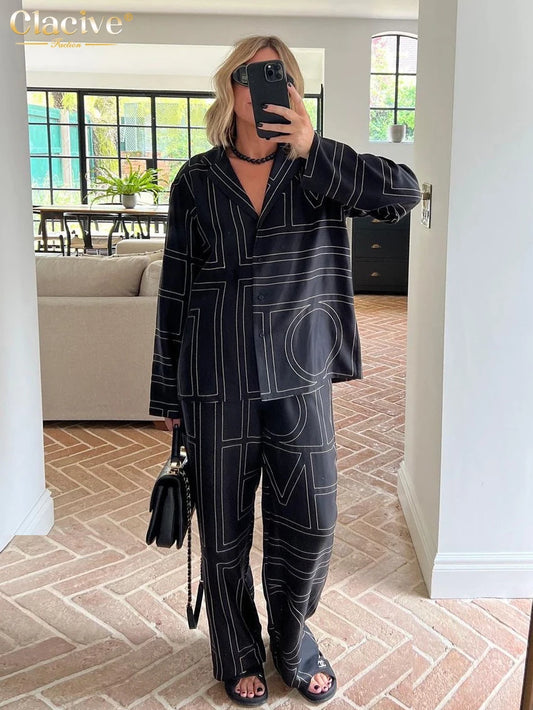Clacive Fashion Long Sleeve Blouse 2 Piece Sets Women Outfit Elegant Loose Print Pants Set Casual High Waist Wide Trousers Suits.
